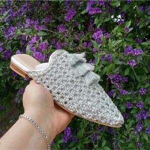 RAG & CO Woven Flat Mules Silver Tassels Embellished  [MELANIE] Size 9 NWT